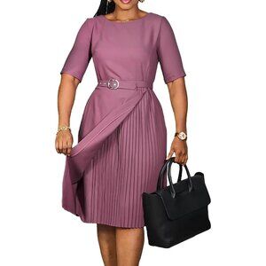 Women's Summer Work Dress Polyester Blend Short Sleeve Pleated Midi Dress